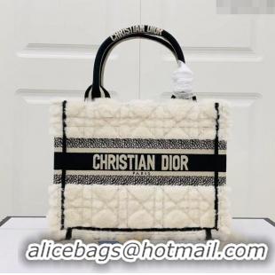 Low Cost Dior Small Book Tote Bag in Cannage Shearling CD1801 White/Black 2024