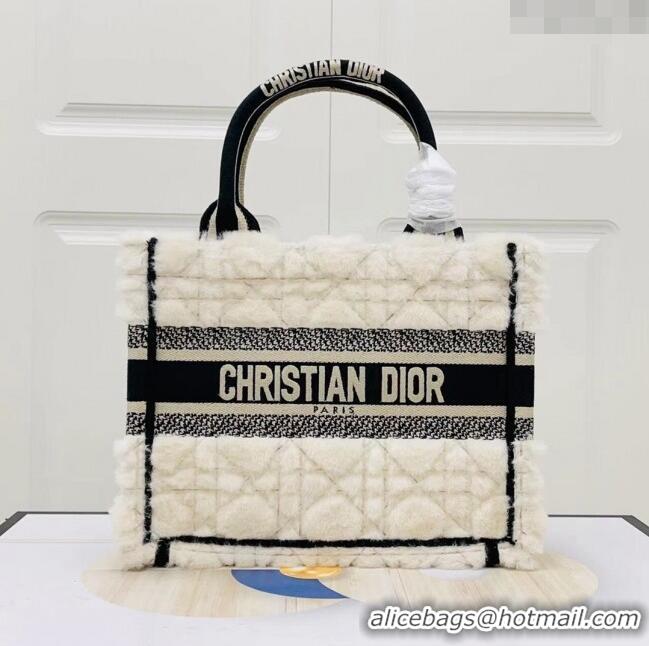 Low Cost Dior Small Book Tote Bag in Cannage Shearling CD1801 White/Black 2024