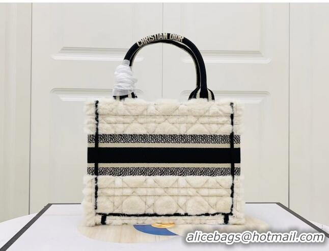 Low Cost Dior Small Book Tote Bag in Cannage Shearling CD1801 White/Black 2024