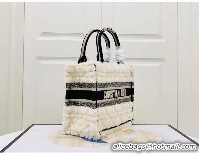 Low Cost Dior Small Book Tote Bag in Cannage Shearling CD1801 White/Black 2024