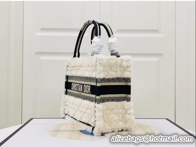 Low Cost Dior Small Book Tote Bag in Cannage Shearling CD1801 White/Black 2024