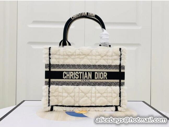 Low Cost Dior Small Book Tote Bag in Cannage Shearling CD1801 White/Black 2024