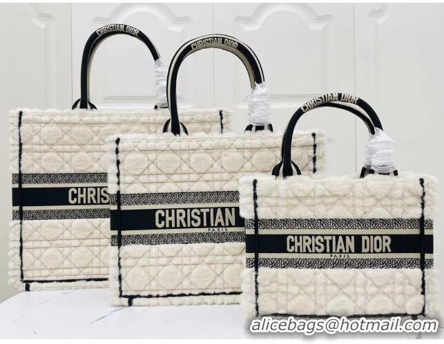 Low Cost Dior Small Book Tote Bag in Cannage Shearling CD1801 White/Black 2024