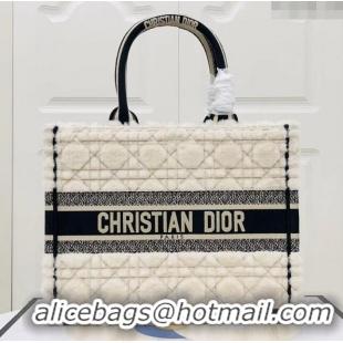 Top Quality Dior Medium Book Tote Bag in Cannage Shearling CD1801 White/Black 2024