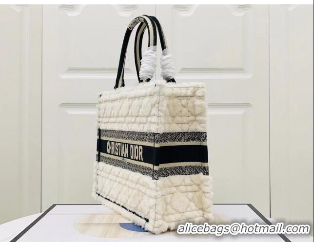 Top Quality Dior Medium Book Tote Bag in Cannage Shearling CD1801 White/Black 2024