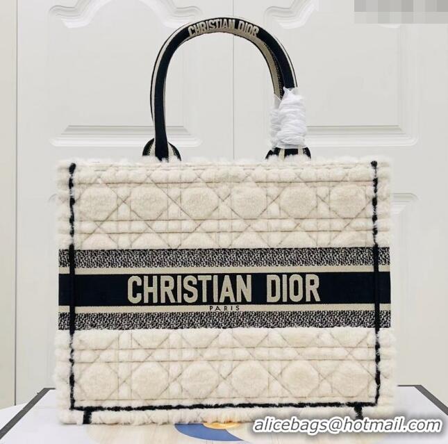 Top Quality Dior Medium Book Tote Bag in Cannage Shearling CD1801 White/Black 2024