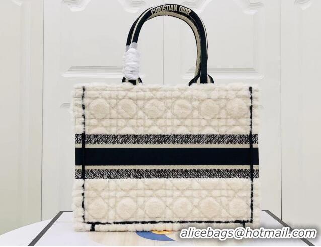 Top Quality Dior Medium Book Tote Bag in Cannage Shearling CD1801 White/Black 2024