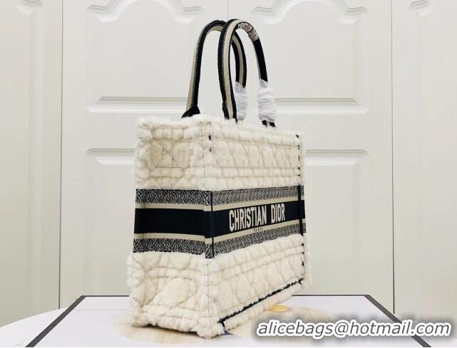 Top Quality Dior Medium Book Tote Bag in Cannage Shearling CD1801 White/Black 2024