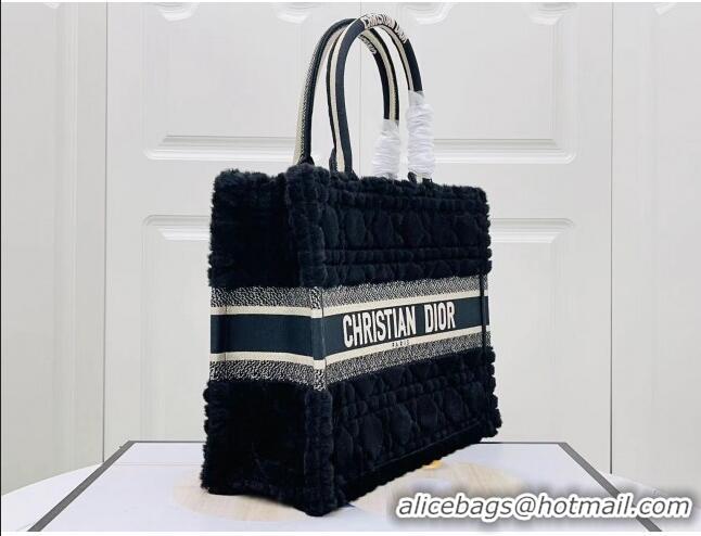 Top Quality Dior Medium Book Tote Bag in Cannage Shearling CD1809 Black 2024