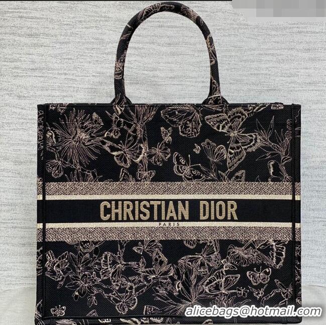 Promotional Dior Large Book Tote Bag with Butterfly Embroidery CD1811 Black/Gold 2023