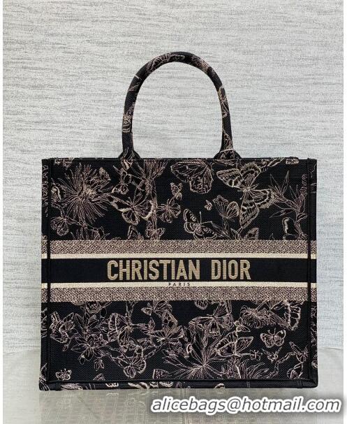 Promotional Dior Large Book Tote Bag with Butterfly Embroidery CD1811 Black/Gold 2023