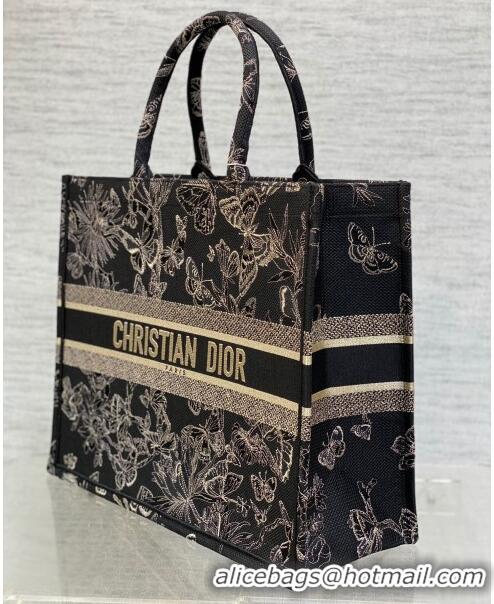 Promotional Dior Large Book Tote Bag with Butterfly Embroidery CD1811 Black/Gold 2023