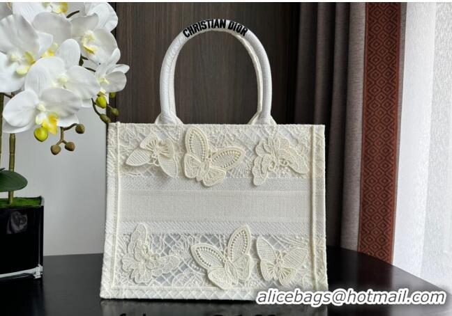 Super Quality Dior Small Book Tote Bag in Transparent Mesh Embroidered with White 3D Macramé-Effect D-Lace Motif CD8057 