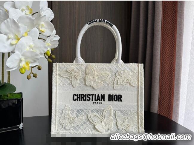 Super Quality Dior Small Book Tote Bag in Transparent Mesh Embroidered with White 3D Macramé-Effect D-Lace Motif CD8057 