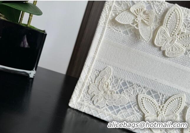 Super Quality Dior Small Book Tote Bag in Transparent Mesh Embroidered with White 3D Macramé-Effect D-Lace Motif CD8057 