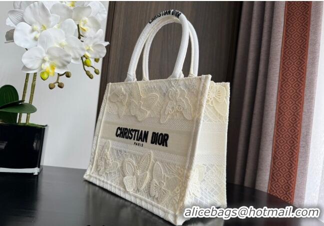 Super Quality Dior Small Book Tote Bag in Transparent Mesh Embroidered with White 3D Macramé-Effect D-Lace Motif CD8057 