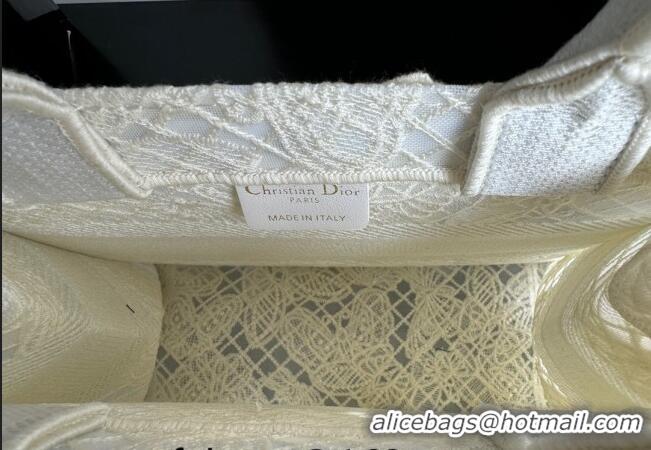 Super Quality Dior Small Book Tote Bag in Transparent Mesh Embroidered with White 3D Macramé-Effect D-Lace Motif CD8057 