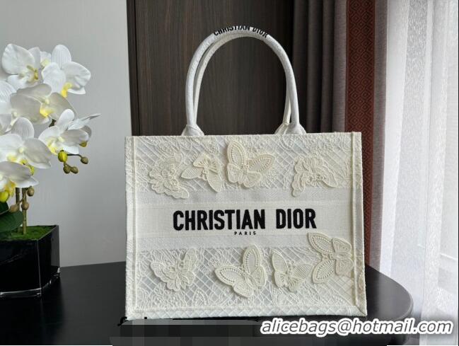 Best Price Dior Medium Book Tote Bag in Transparent Mesh Embroidered with White 3D Macramé-Effect D-Lace Motif CD8057 20