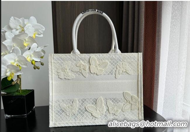 Best Price Dior Medium Book Tote Bag in Transparent Mesh Embroidered with White 3D Macramé-Effect D-Lace Motif CD8057 20