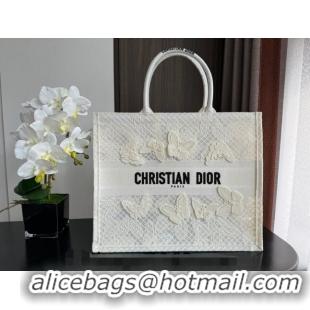 Discount Dior Large Book Tote Bag in Transparent Mesh Embroidered with White 3D Macramé-Effect D-Lace Motif CD8057 2024