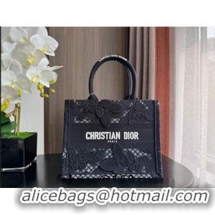 Best Price Dior Small Book Tote Bag in Transparent Mesh Embroidered with Black 3D Macramé-Effect D-Lace Motif CD8057 202