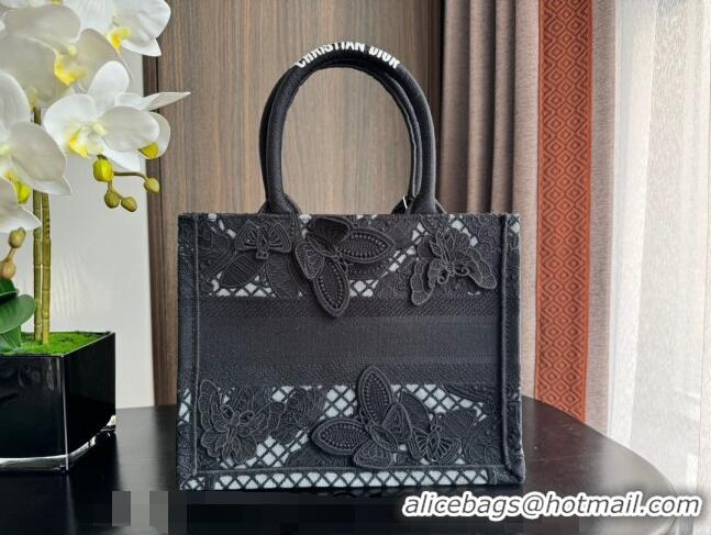 Best Price Dior Small Book Tote Bag in Transparent Mesh Embroidered with Black 3D Macramé-Effect D-Lace Motif CD8057 202