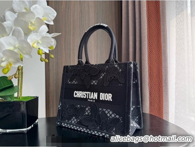 Best Price Dior Small Book Tote Bag in Transparent Mesh Embroidered with Black 3D Macramé-Effect D-Lace Motif CD8057 202