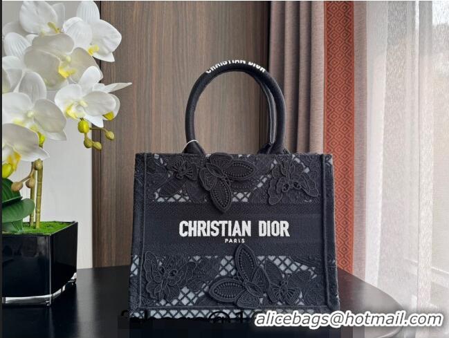 Best Price Dior Small Book Tote Bag in Transparent Mesh Embroidered with Black 3D Macramé-Effect D-Lace Motif CD8057 202