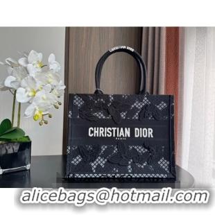 Top Grade Dior Medium Book Tote Bag in Transparent Mesh Embroidered with Black 3D Macramé-Effect D-Lace Motif CD8058 202