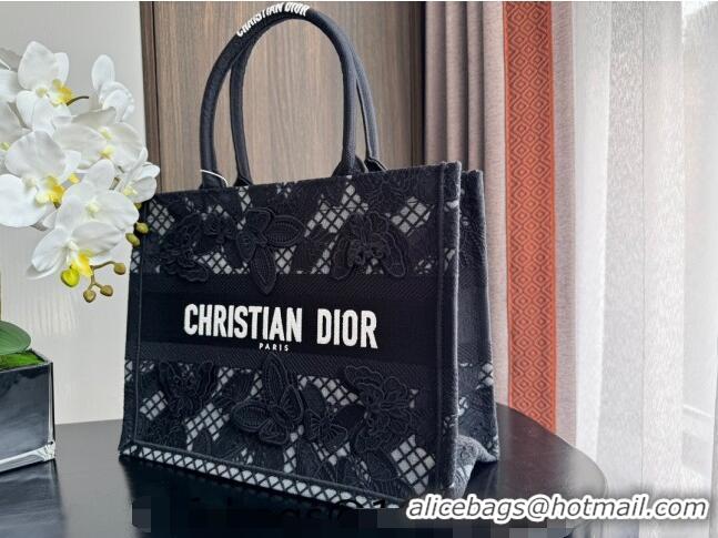 Top Grade Dior Medium Book Tote Bag in Transparent Mesh Embroidered with Black 3D Macramé-Effect D-Lace Motif CD8058 202