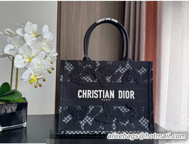 Top Grade Dior Medium Book Tote Bag in Transparent Mesh Embroidered with Black 3D Macramé-Effect D-Lace Motif CD8058 202