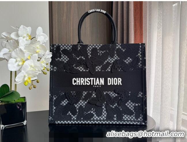 Trendy Design Dior Large Book Tote Bag in Transparent Mesh Embroidered with Black 3D Macramé-Effect D-Lace Motif CD8058 