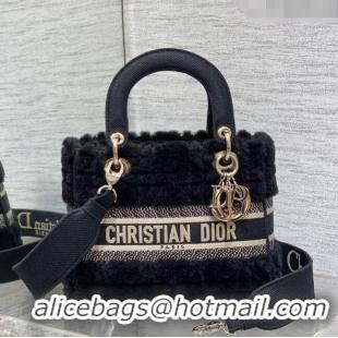 Top Design Dior Medium Lady D-Lite Bag in Cannage Shearling CD0118 Black 2024