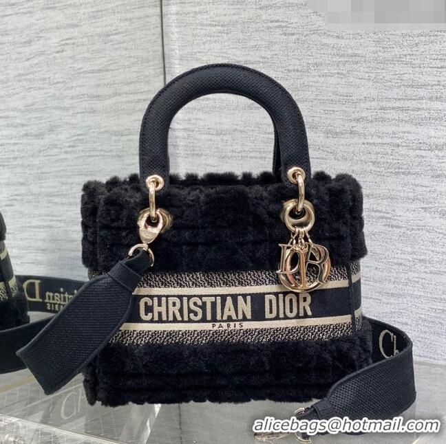 Top Design Dior Medium Lady D-Lite Bag in Cannage Shearling CD0118 Black 2024