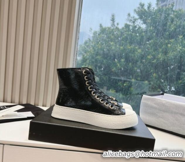 Charming Chanel Patent Calfskin High-Top Sneakers G45561 Black 323093