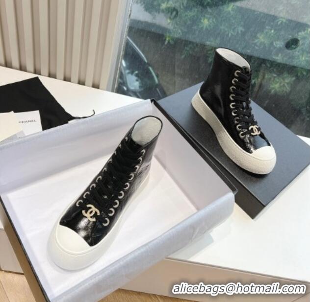 Charming Chanel Patent Calfskin High-Top Sneakers G45561 Black 323093