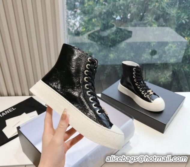 Charming Chanel Patent Calfskin High-Top Sneakers G45561 Black 323093