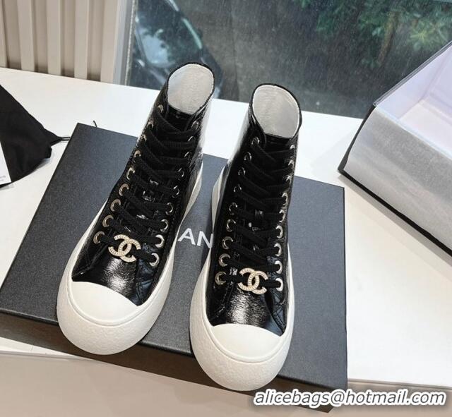 Charming Chanel Patent Calfskin High-Top Sneakers G45561 Black 323093