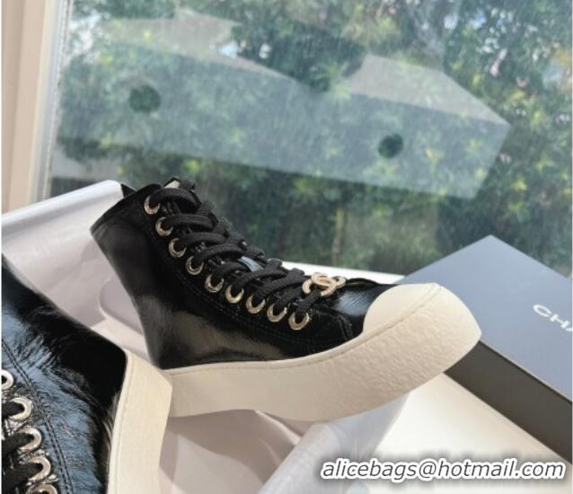 Charming Chanel Patent Calfskin High-Top Sneakers G45561 Black 323093