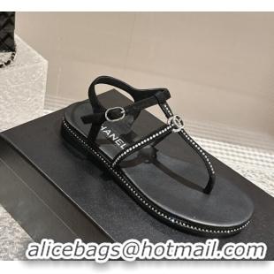 Good Looking Chanel Suede Flat Sandals with Crystals Black 325001