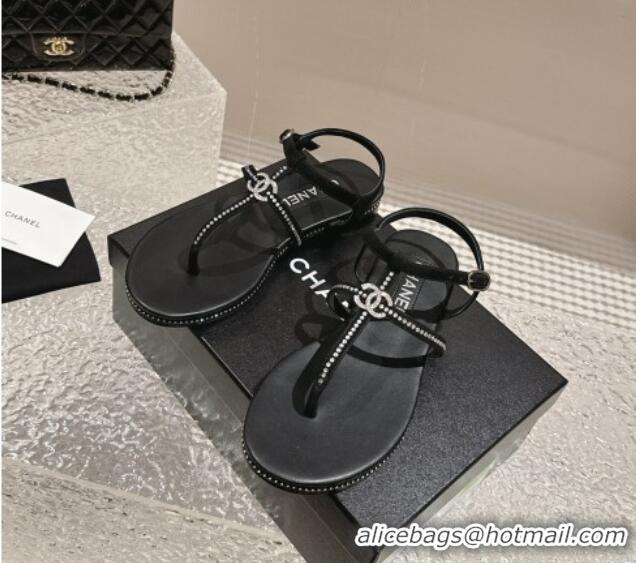 Good Looking Chanel Suede Flat Sandals with Crystals Black 325001