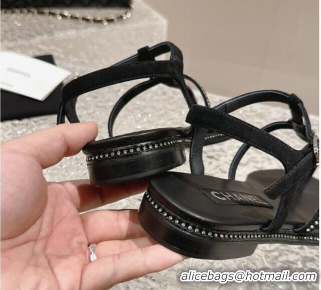 Good Looking Chanel Suede Flat Sandals with Crystals Black 325001