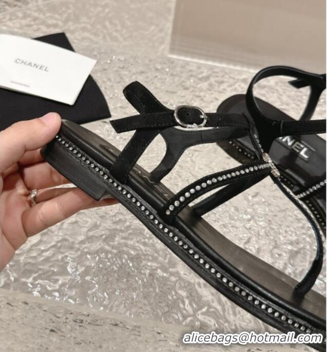 Good Looking Chanel Suede Flat Sandals with Crystals Black 325001