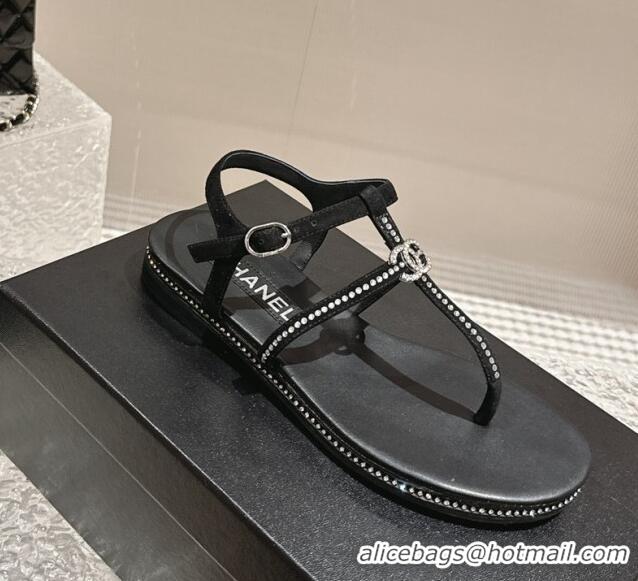 Good Looking Chanel Suede Flat Sandals with Crystals Black 325001