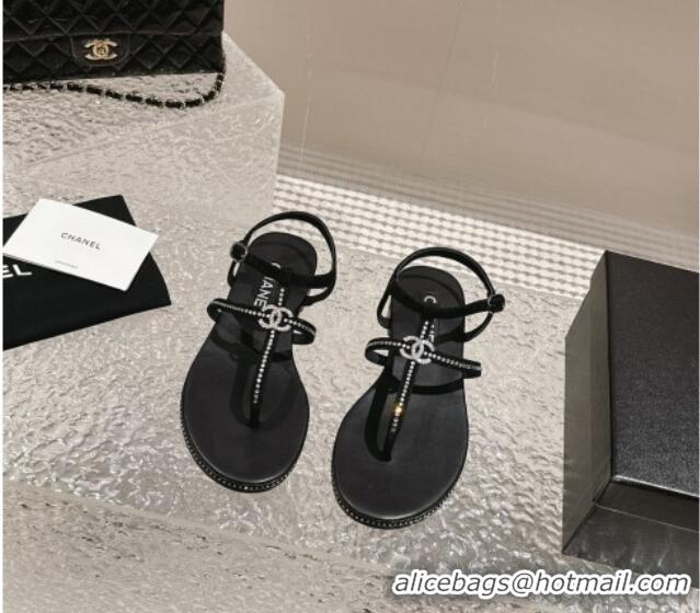 Good Looking Chanel Suede Flat Sandals with Crystals Black 325001