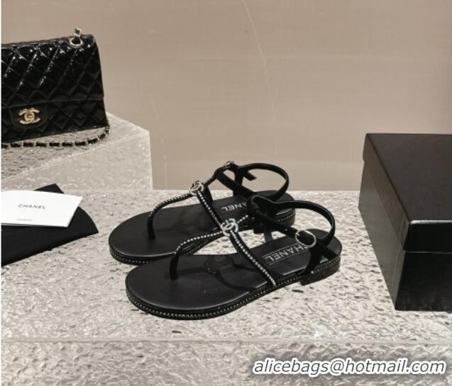 Good Looking Chanel Suede Flat Sandals with Crystals Black 325001