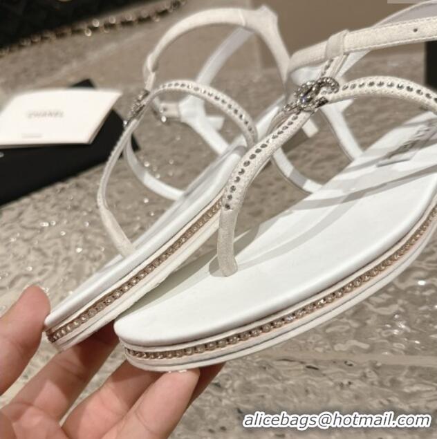 Luxurious Chanel Suede Flat Sandals with Crystals White 325002