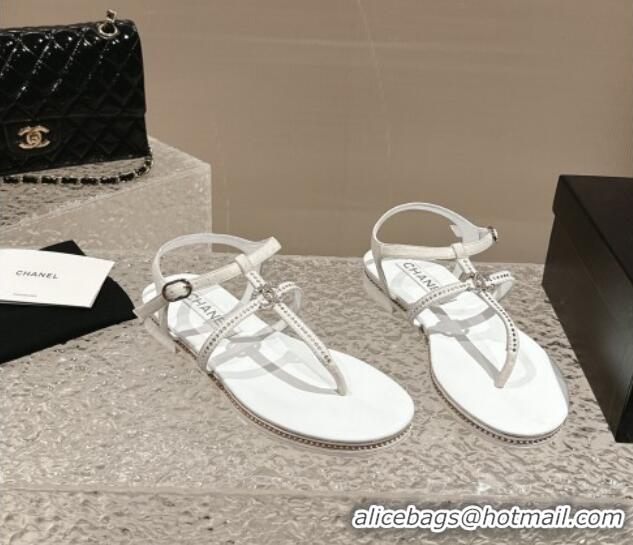 Luxurious Chanel Suede Flat Sandals with Crystals White 325002