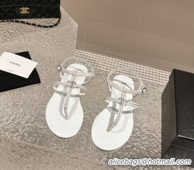 Luxurious Chanel Suede Flat Sandals with Crystals White 325002