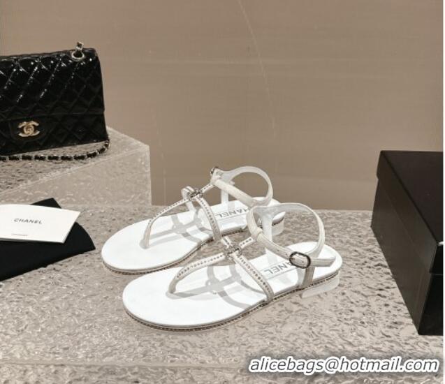 Luxurious Chanel Suede Flat Sandals with Crystals White 325002